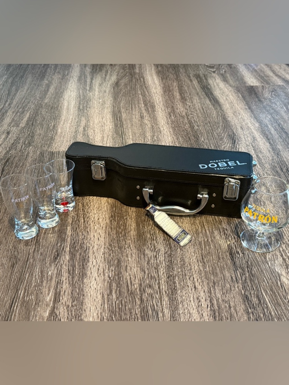 Dobel tequila collectible case and tequila (patron) glasses